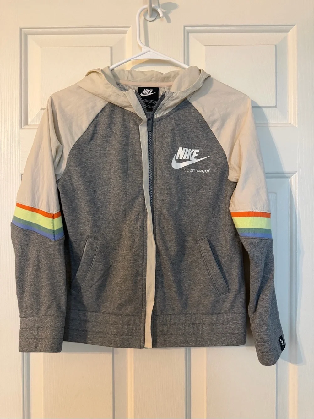 Nike Kids' Gray Hooded Zip Jacket with Rainbow Stripe - size L
